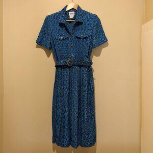 Vintage Leslie Fay Short Sleeved Belted Blue Pleated Midi Dress Size Medium (8)